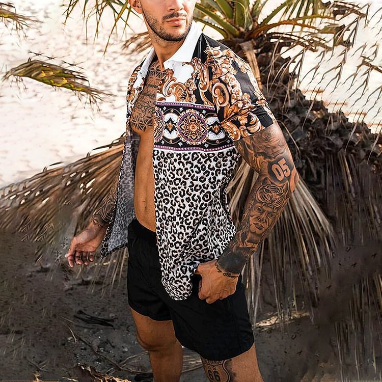 BrosWear Leopard Print Shirt and Shorts Two-Piece Set