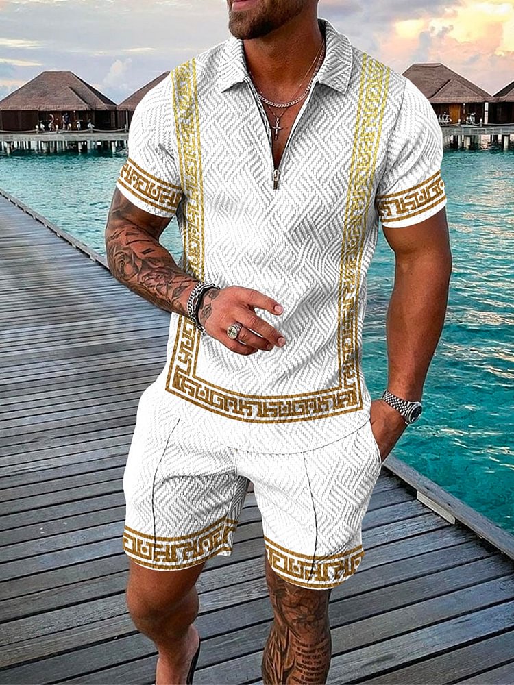 Men's Holiday White Gold Color Vintage Printed Polo Suit