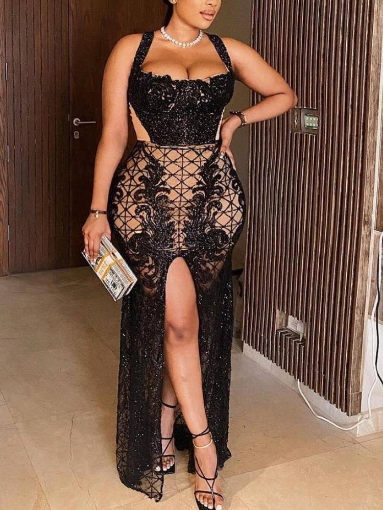 Sexy low cut sequins front slit sheer mesh sling dress