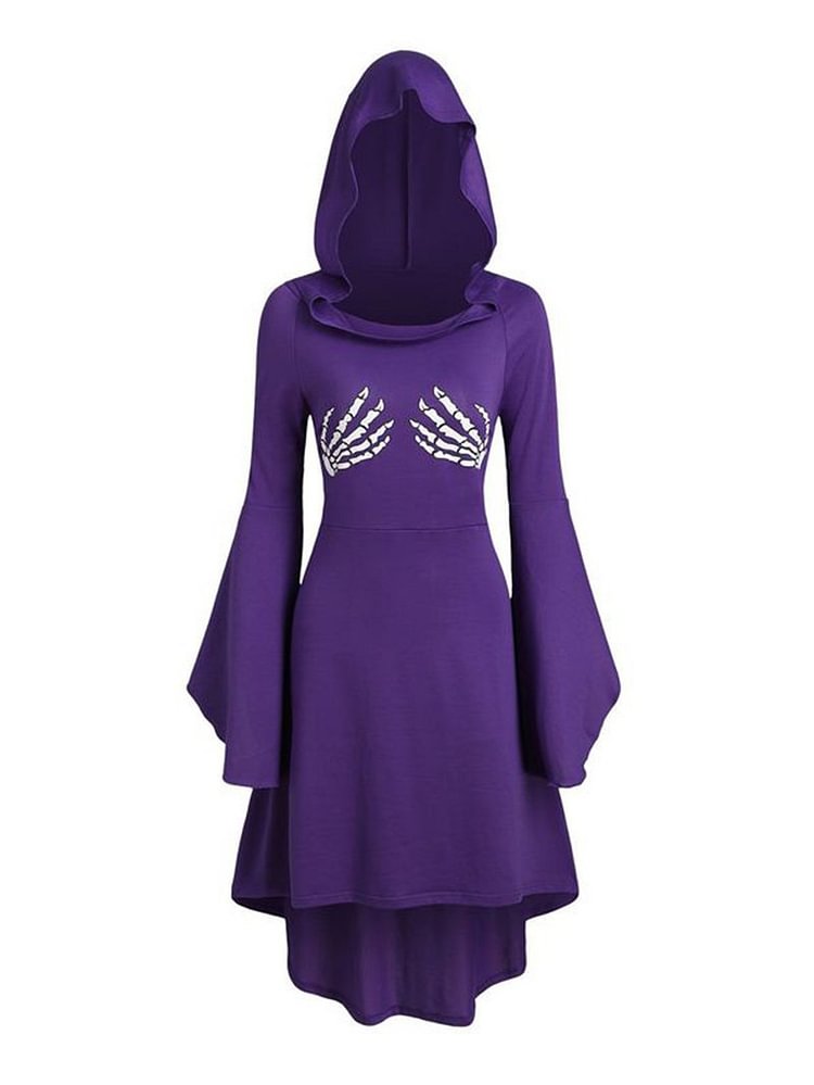Hooded flared sleeves Slim Skeleton Hand Print Witch Dress Witch Robe-Mayoulove