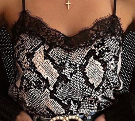 Women Sexy Sleeveless V Neck Leopard Print Snake Print Camis Lace Patchwork Slim Club Party Camisole-Corachic