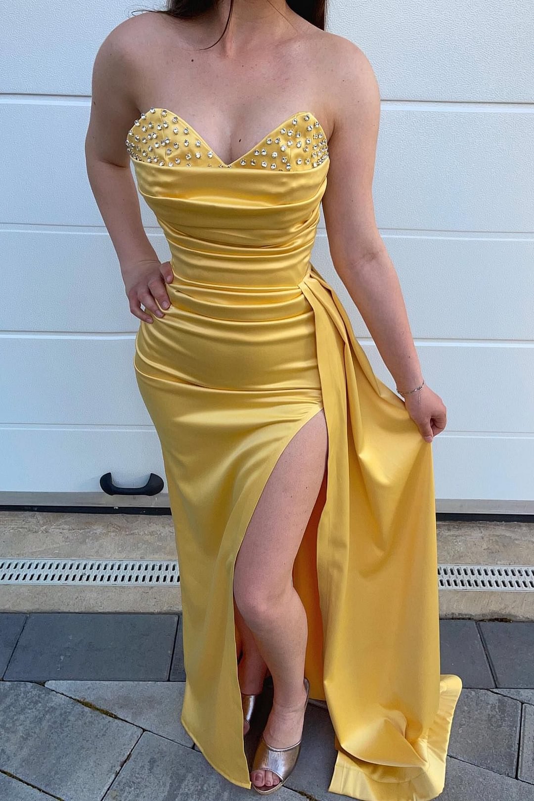 Luluslly Sweetheart Yellow Mermaid Long Prom Dress With Beads Split