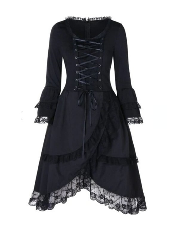 Vintage Paneled Lace Up Tight Waist Long Sleeve Layered Dress