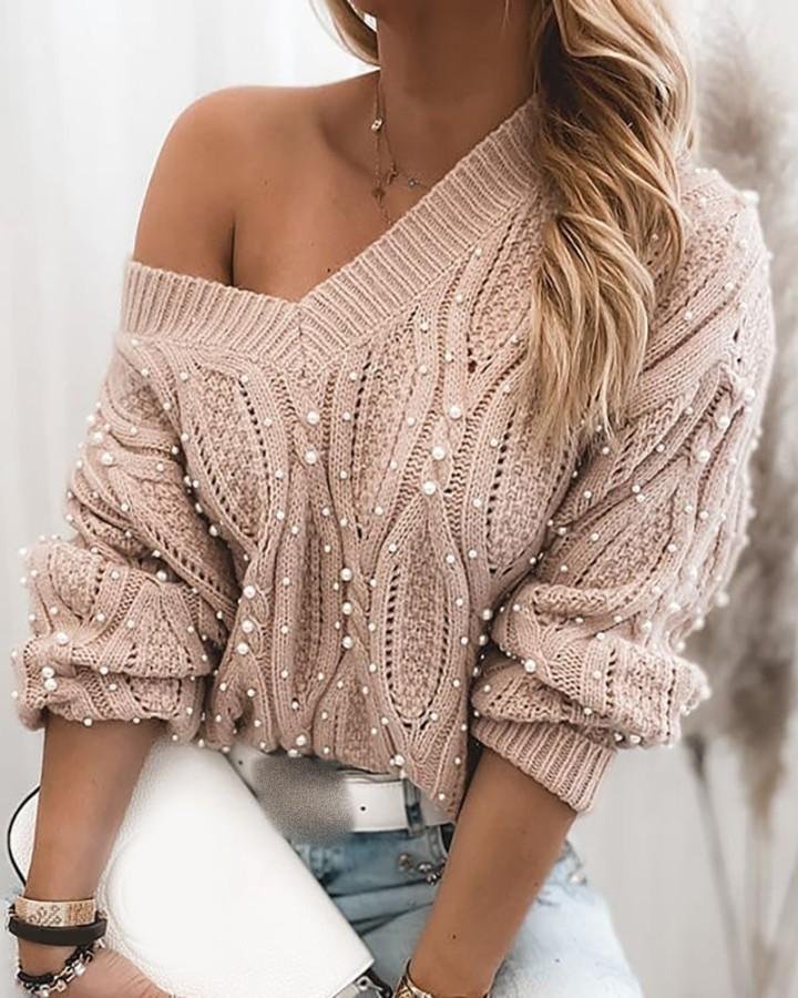 Beaded Long Sleeve Cable Knit Sweater P10185