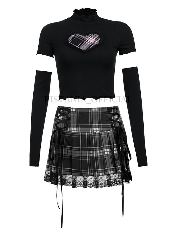 Heart Half High Collar Agaric Edge Stitching Short Sleeve Sleeve T-shirt + Hem Gingham Plaid Pleated Skirts 2-piece Sets