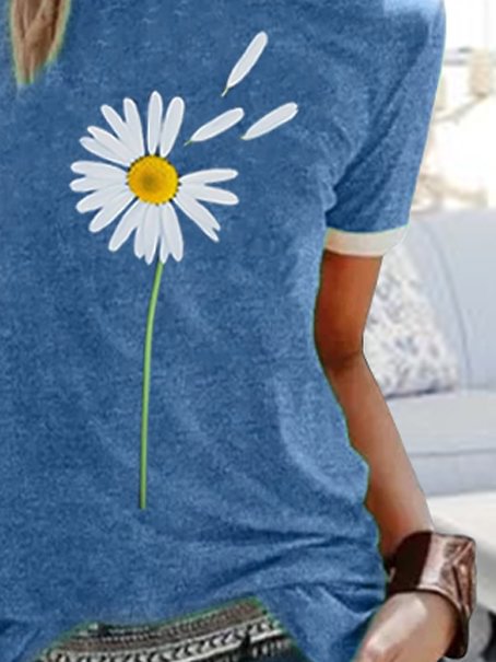 Women's Round neck casual daisy printed short-sleeved T-shirt