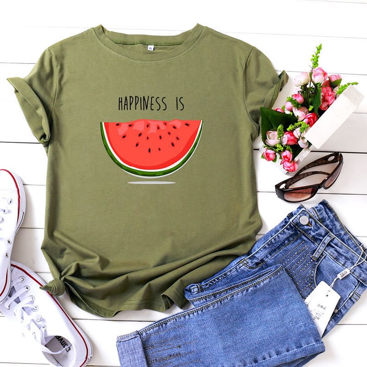 Women's Happiness Is Watermelon Casual Print Short Sleeve T-shirt
