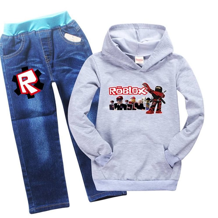Mayoulove Girls Boys Roblox Ninja Print Kids Kangaroo Pocket Hoodie Jeans Outfit-Mayoulove