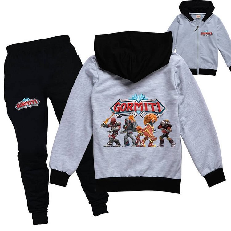 Gormiti Print Girls Boys Cotton Zip Up Hoodie And Joggers Outfit Suit-Mayoulove