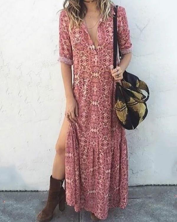 Pink Women Daily Long Sleeve Printed Floral Fall Summer Maxi Dresses