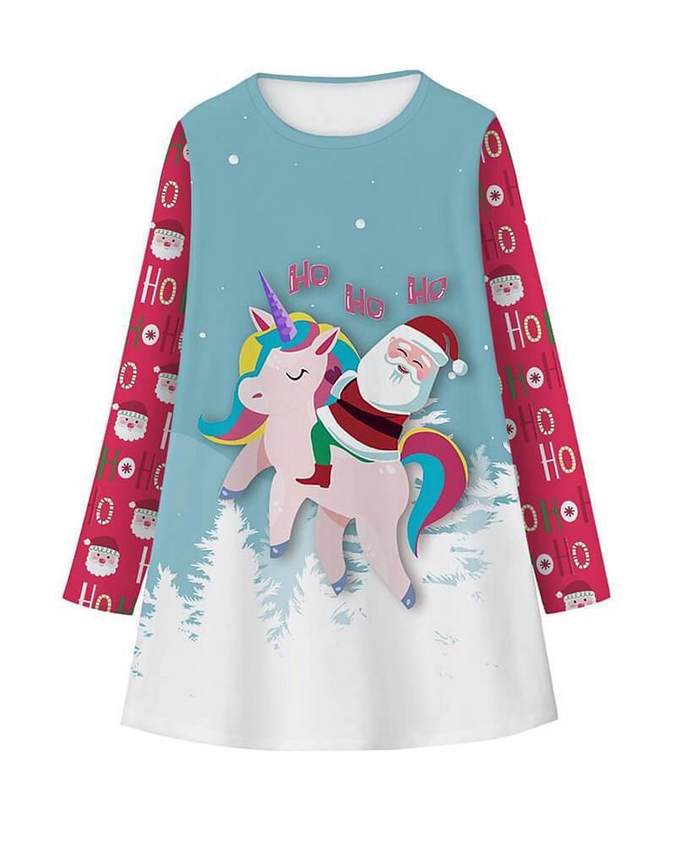 Mayoulove Santa Claus On Rainbow Unicorn Print Girls Christmas Long Sleeve Dress-Mayoulove