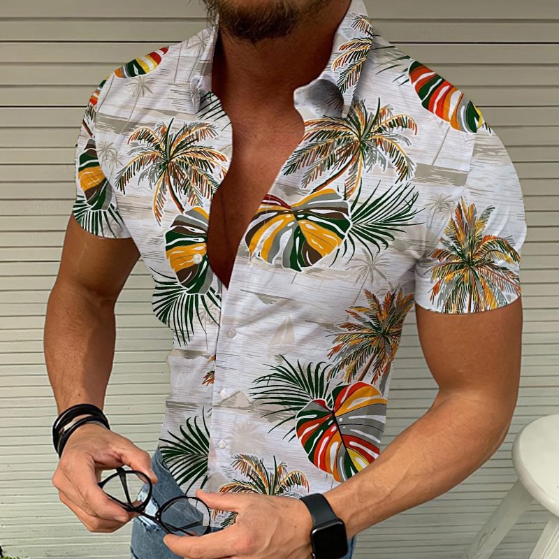 Coconut Tree Ppattern Beach Short Sleeves Blouses Summer Men Shirts-VESSFUL