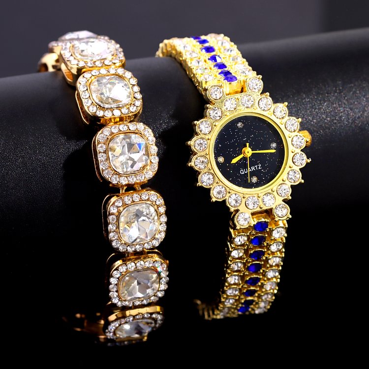 Iced Out Rhinestones Quartz Women Watch Bracelet Necklace Tennis Chain Set Jewelry