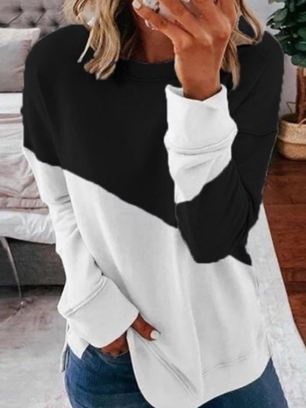 Casual Loose Solid Color Round Neck Stitching Long Sleeve T-shirt