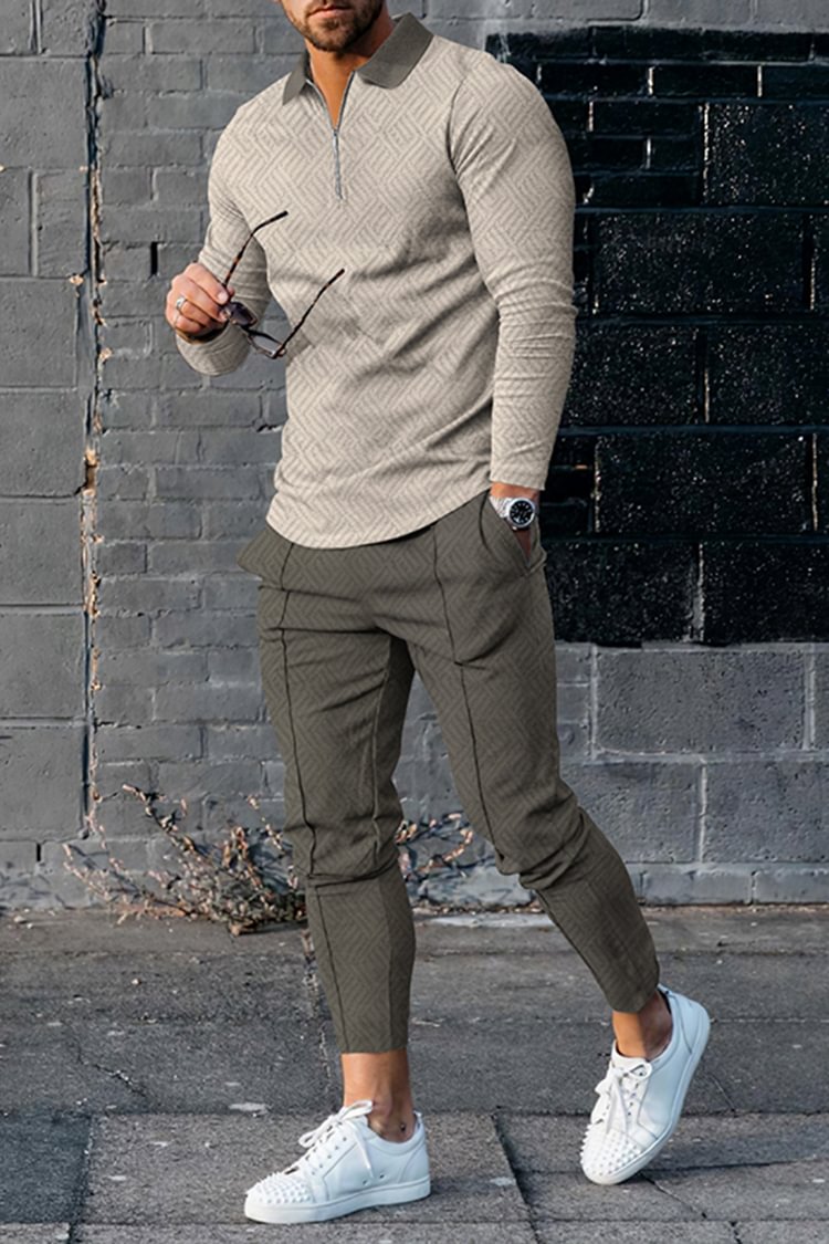 Tiboyz Color Matching Khaki Polo Shirt And Pants Two Piece Set