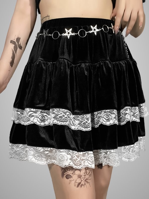 Gothic Dark Sweet Statement Velvet Lace Tiered A-line Skirt