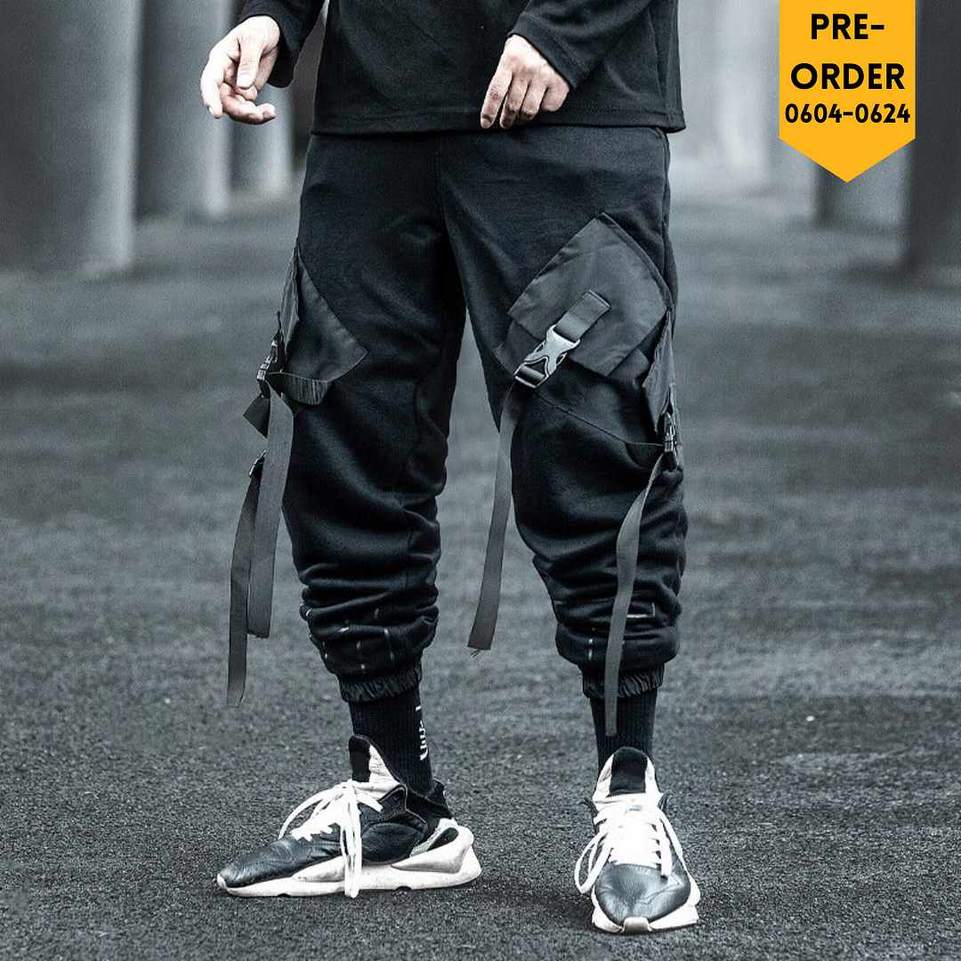 Techwear Style Matte Black Parachute Multi-pocket Streamer Overalls Trousers Jogger Pants With Shell Buckle Strapped [Pre-Order] / Techwear Club / Techwear