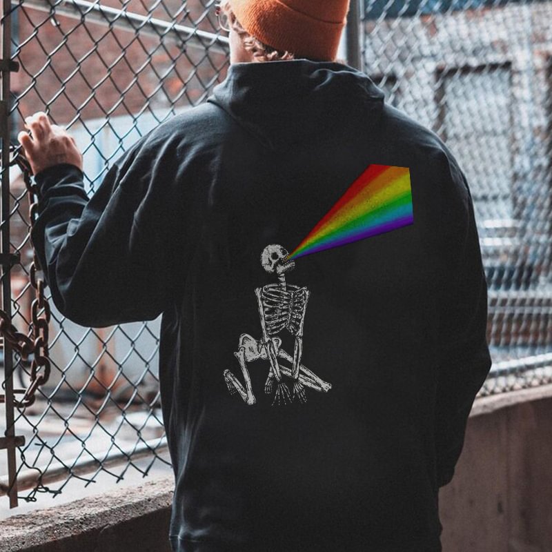 Skeleton Emitting Rainbow Light Print Fashion Men’s Hoodie - Krazyskull
