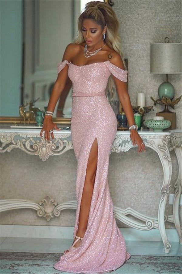 Luluslly Off-the-Shoulder Pink Sequins Mermaid Prom Dress With Slit
