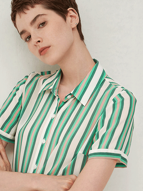 Green Strip Short Sleeves Silk Shirt-Luxury Silk Life