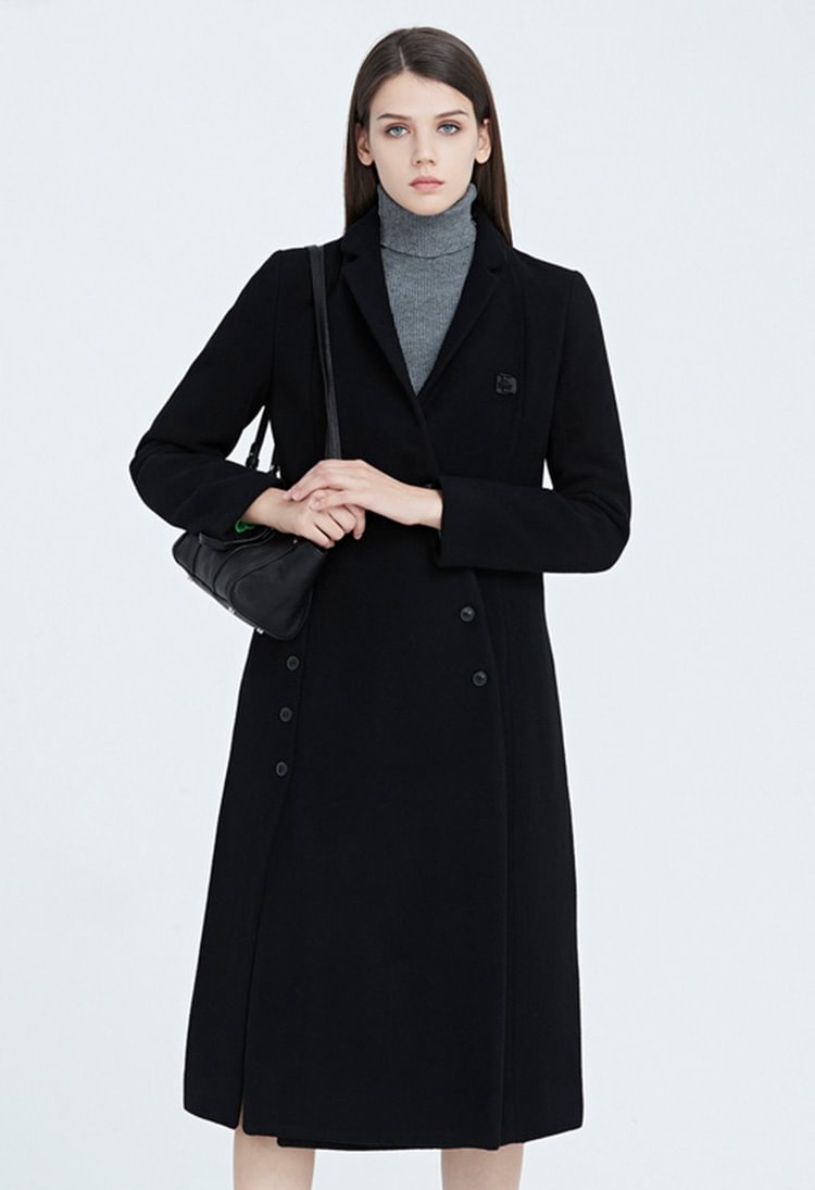 S·DEER Lapel Collar Deconstructed Panel Black Long Wool Coat