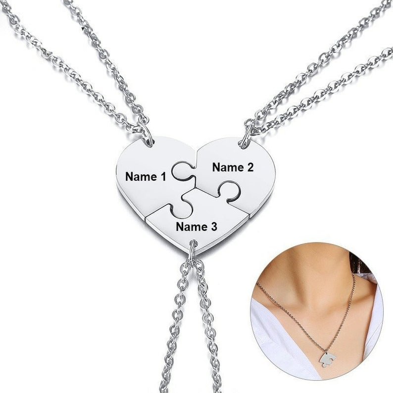 3 Necklaces Custom Engraved 3 Names Heart Puzzle Piece Necklace for Friends or Family, Custom Necklaces with Name