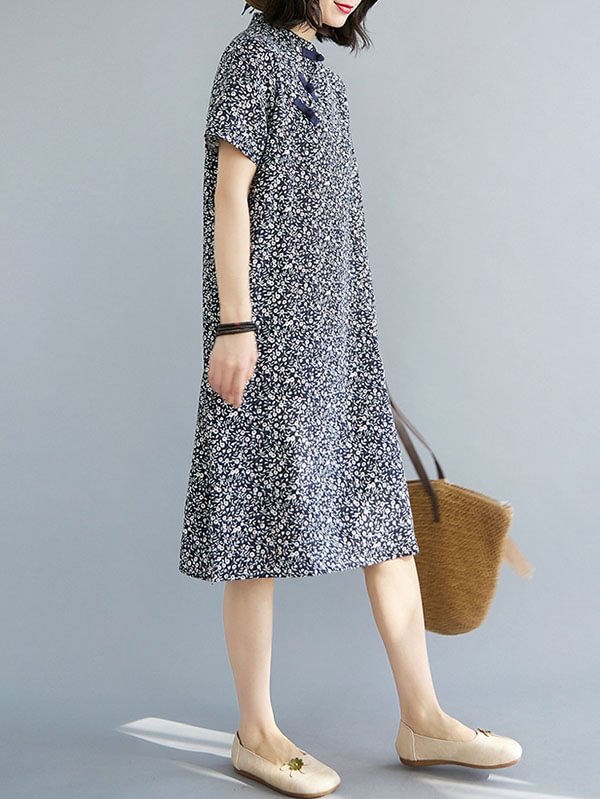 Half Sleeves Loose Buttoned Printed Stand Collar Midi Dresses