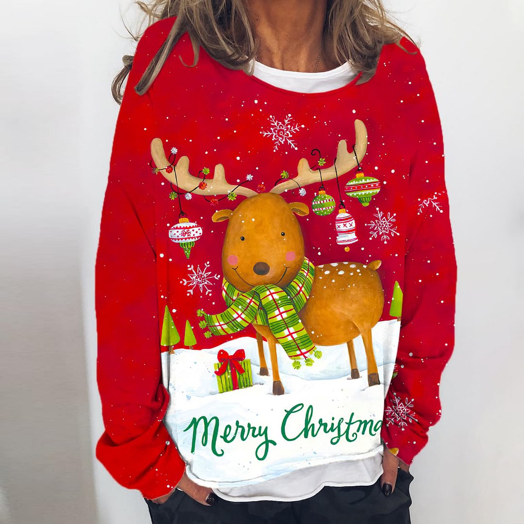 Merry Christmas Cute Elk Print T-shirt