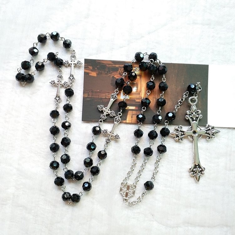Black Crystal Cross Pendant Rosary Long Necklace Religious Jewelry