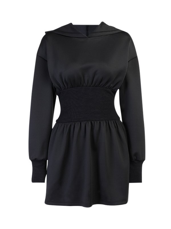 New Autumn Solid Color Elastic Waist Long Sleeve Hooded Dress
