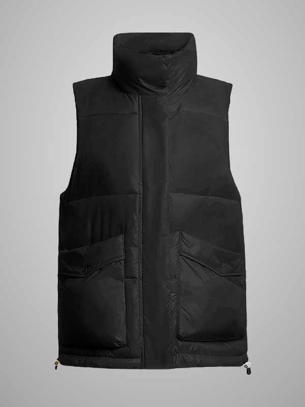Solid Stand Collar Padded Waistcoat with Pockets 