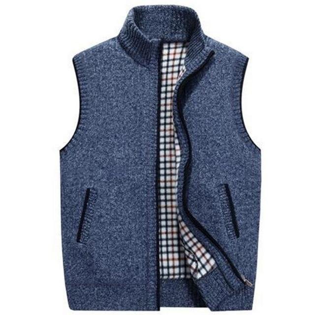 Mens Wool Sweater Vest Zipper Sleeveless Knitted Vest Jacket Warm Fleece Plus Size Sweatercoat-Corachic