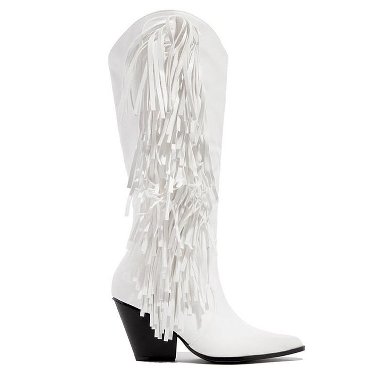 Women‘s Vintage White Crocodile Pattern Tassel Cowgirl Comfort Boots
