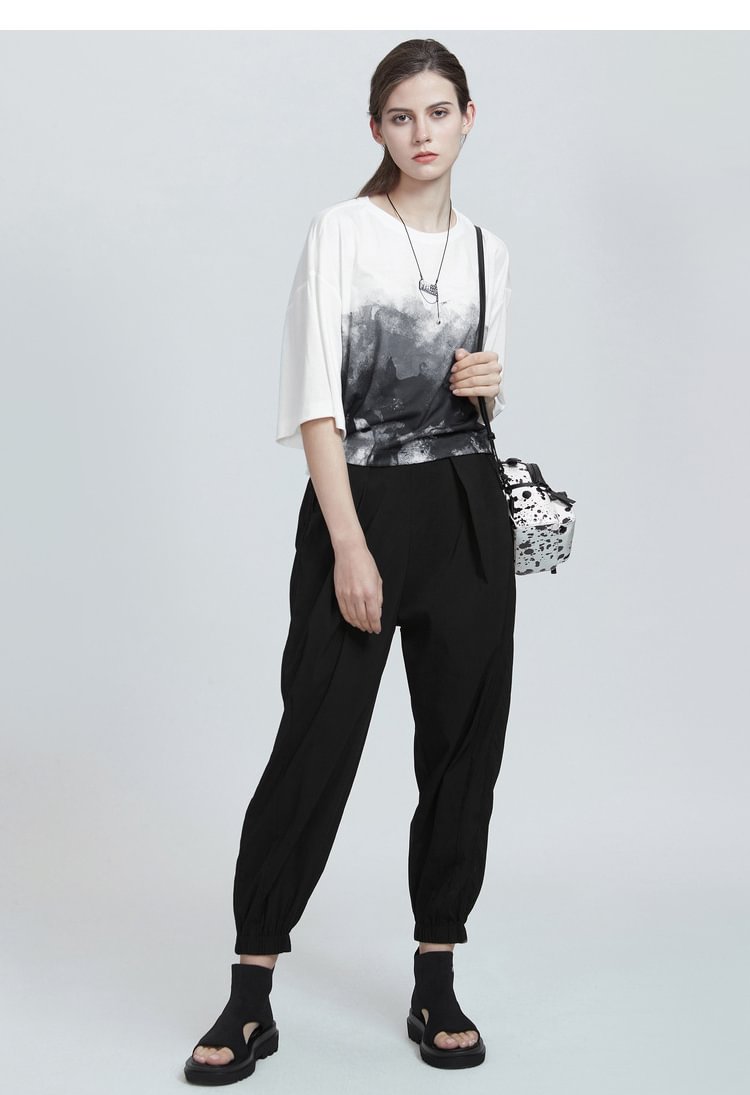 SDEER Loose casual black cropped trousers with receiving mouth
