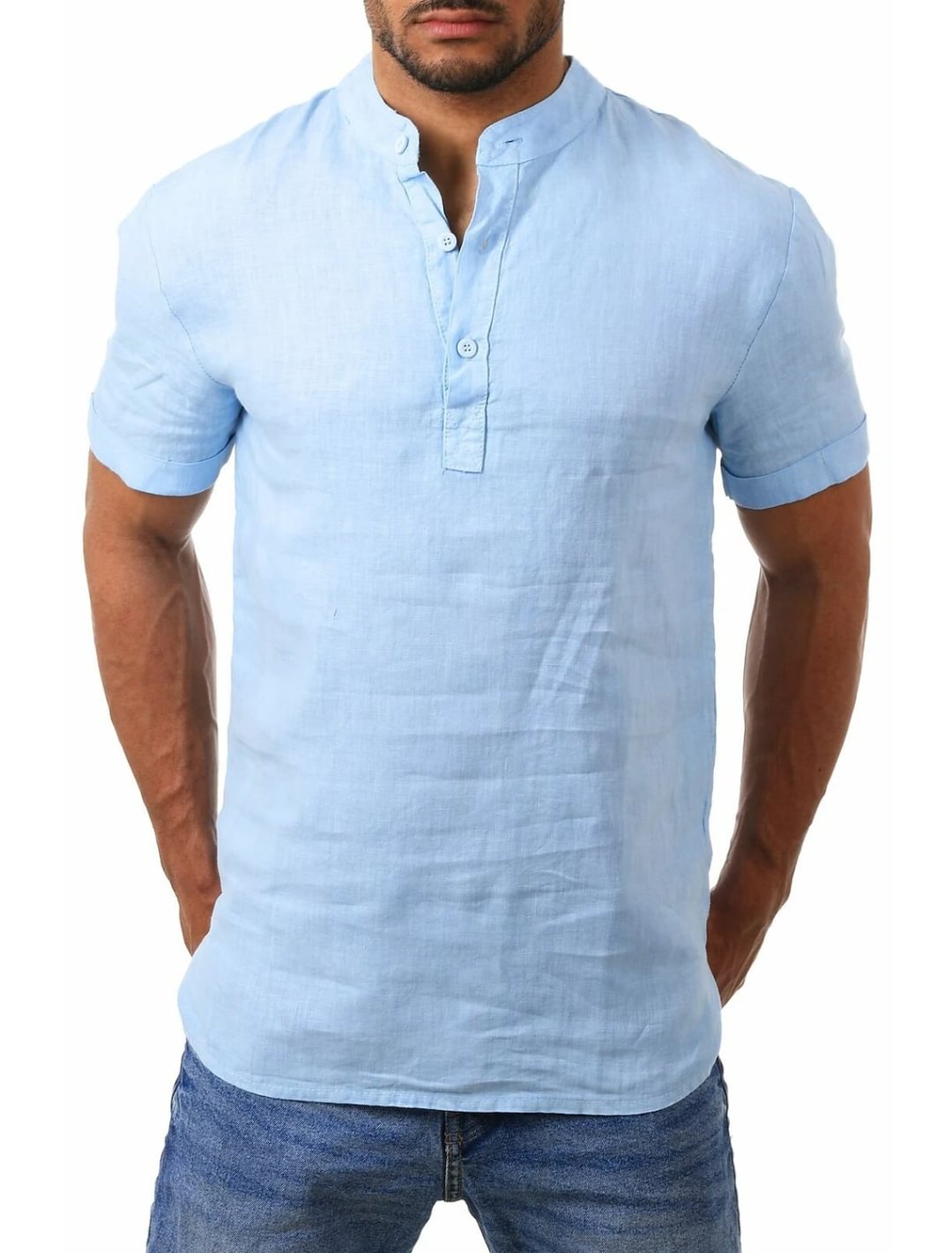 Men's Shirt Solid Color Short Sleeve Street Tops Cotton Lightweight Casual / Sporty Breathable Henley Light Blue khaki White / Beach-Corachic