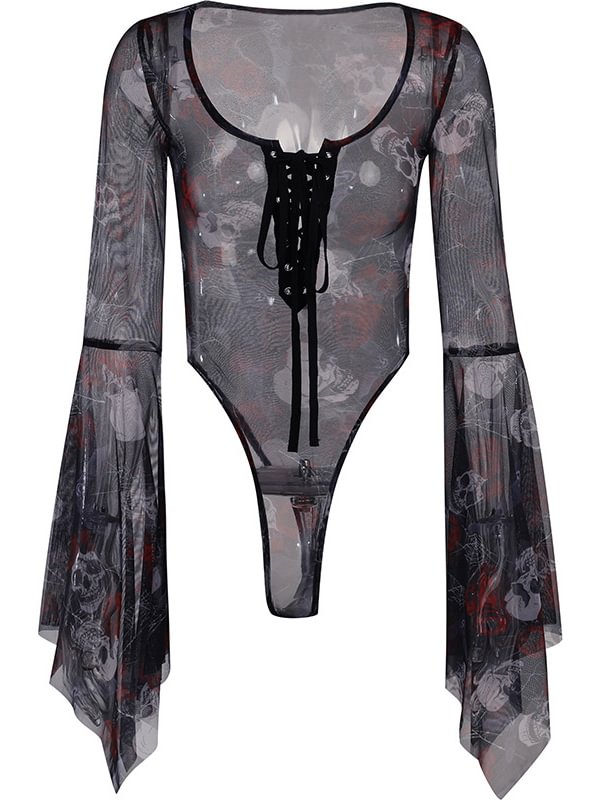 Skull & Rose Graphic Printed Lace Up Square Collar Long Bell Sleeve Bodysuit