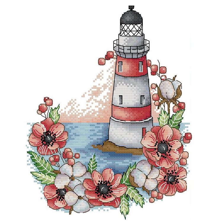 Poppy lighthouse - 14CT Stamped Cross Stitch - 22*30cm