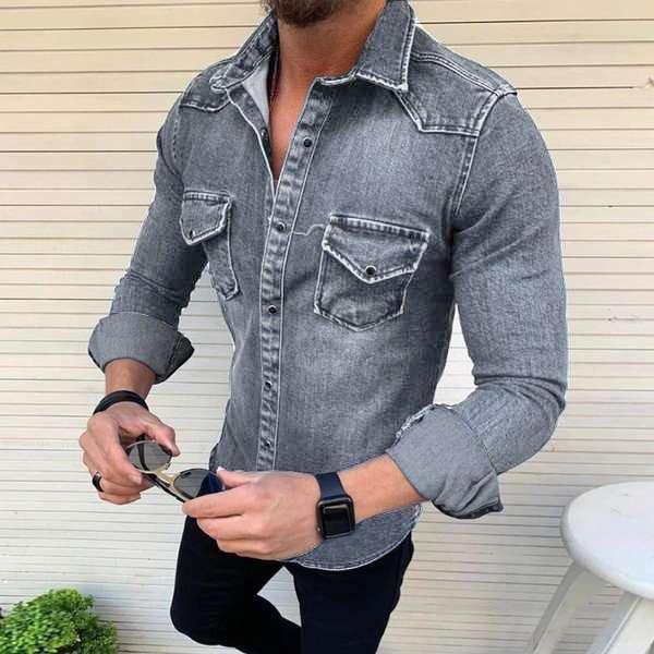 BrosWear Classic Lapel Collar and Pockets Jacket Long Sleeve Shirt grey
