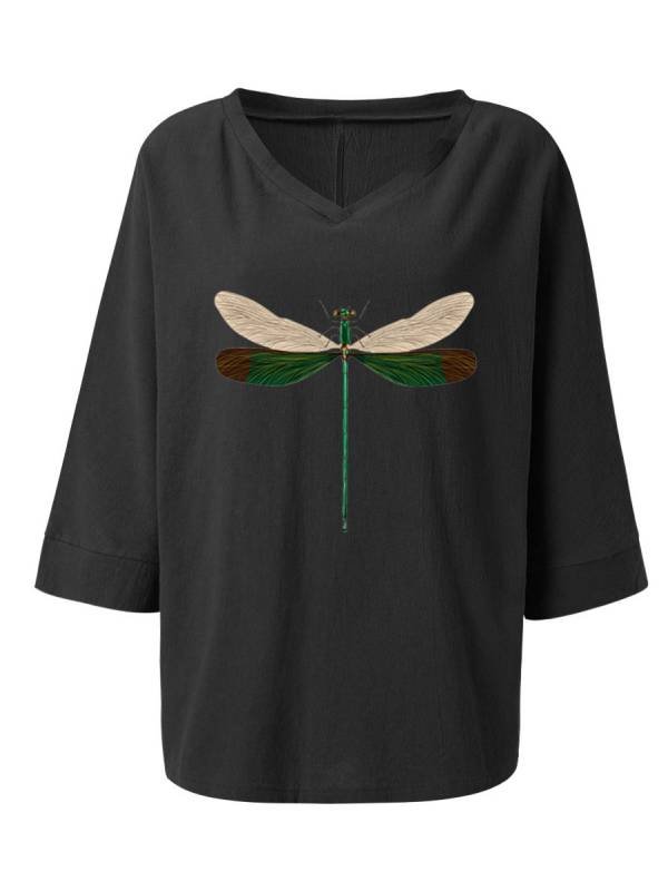 Women's Dragonfly Print V-neck 3 / 4 Sleeve Loose Top