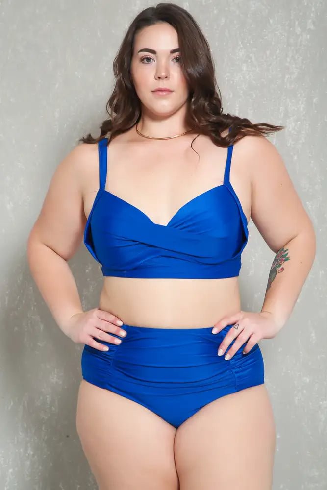 SEXY ROYAL BLUE RUCHED HIGH WAIST PLUS SIZE TWO PIECE SWIMSUIT