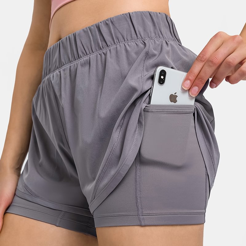 Khaki Gray Different types of women's adjustable elastic band moisture wicking running workout shorts with inside pockets online shopping on Hergymclothing
