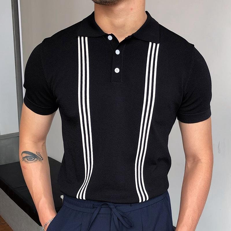Stripe Print Casual Button Short Sleeve Knitted Men's Polo Shirts-VESSFUL