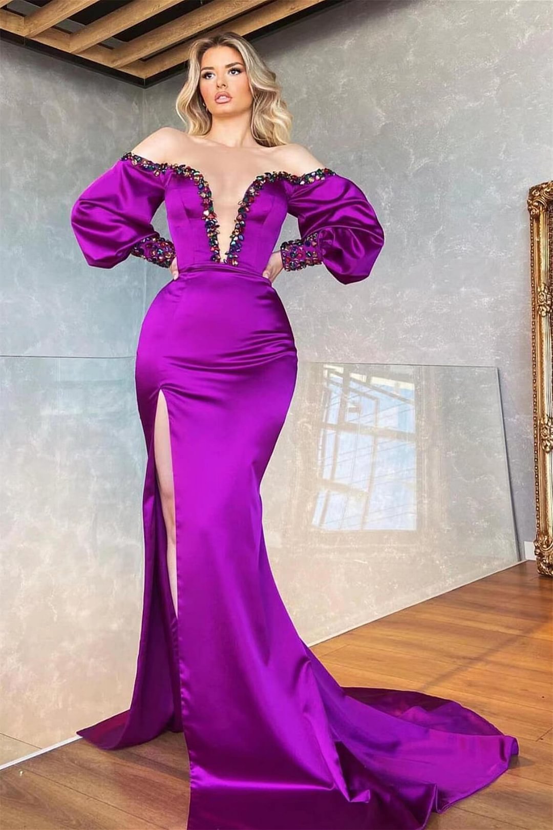 Luluslly Purple Long Sleeves Mermaid Evening Dress Off-the-Shoulder Slit With Crystal