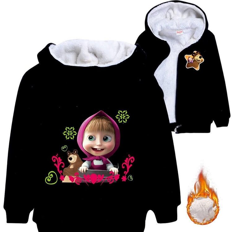 Mayoulove Girls Masha And The Bear Print Kids Fleece Lined Cotton Zip Up Hoodie-Mayoulove