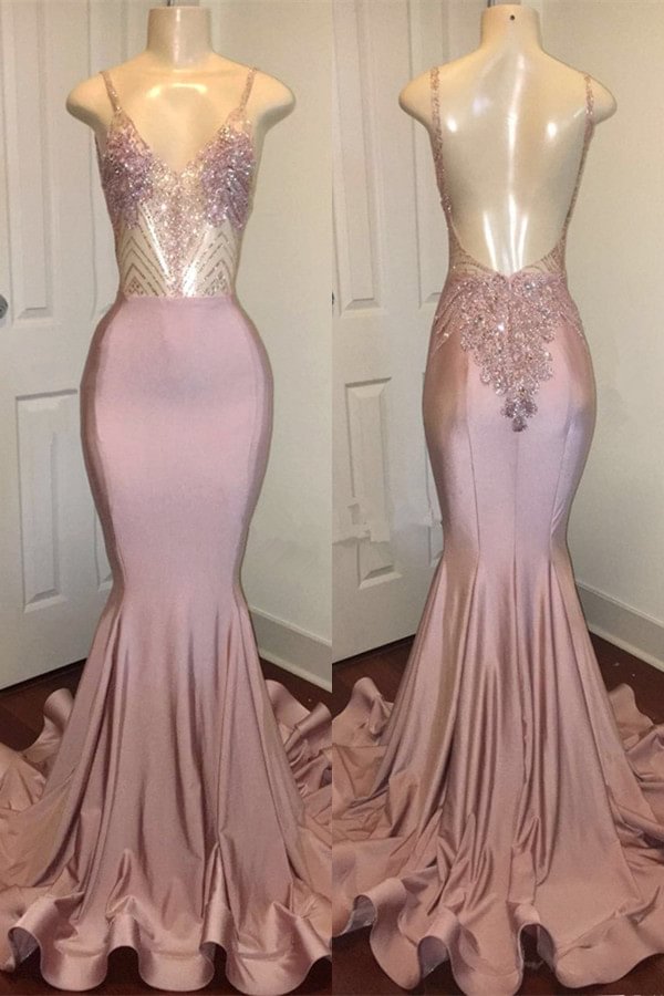 Luluslly Pink Spaghetti-Straps Mermaid Prom Dress Long With Beadings Open Back