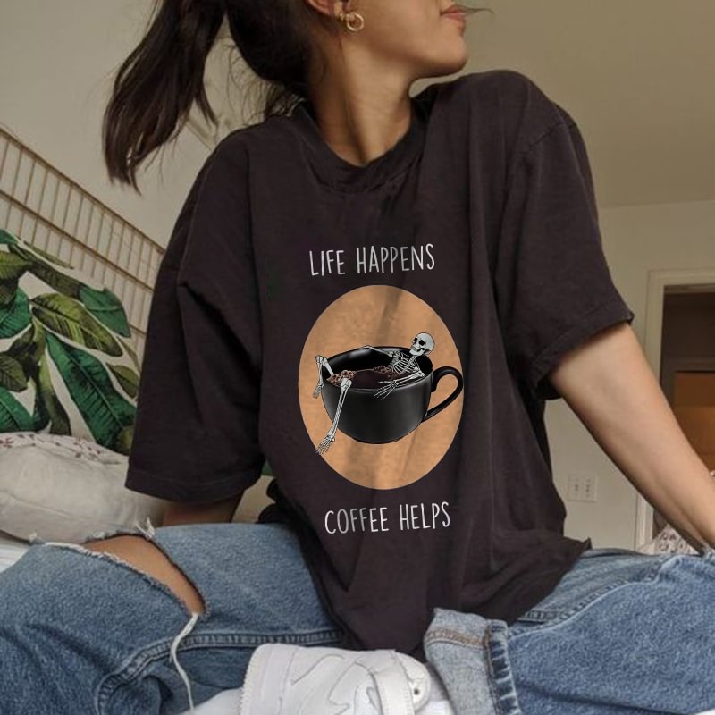 Minnieskull Life Happens Coffee Helps Skull Print T-shirt - Minnieskull