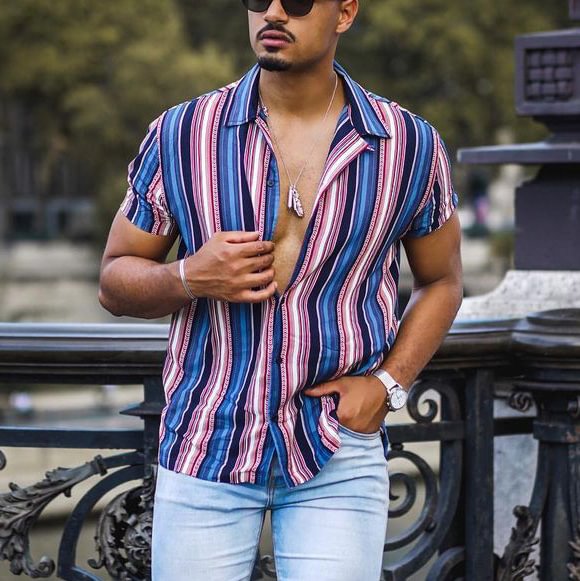 Street striped casual short-sleeved shirt / [viawink] /