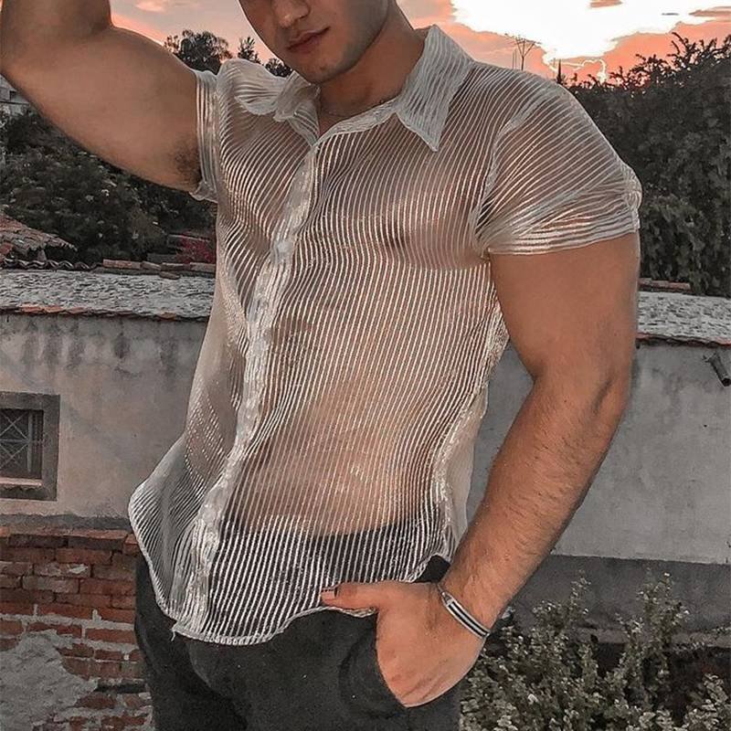 Men's Mesh Transparent Striped Short Sleeve Sexy Party Nightclub Shirts-VESSFUL