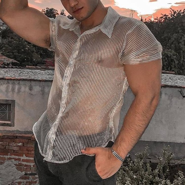 Men's Mesh Transparent Striped Short Sleeve Sexy Party Nightclub Shirts