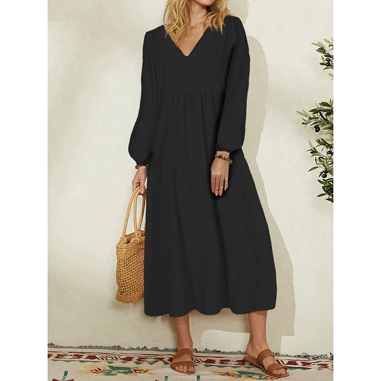 Women‘s  Long Puff  Sleeve Casual Cotton Retro Solid V Neck Midi Dress